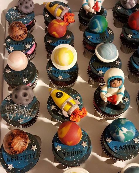 Solar system planets, rockets and astronauts cupcake toppers by SinfullySweetCakes.  Come to Sinfully Sweet Cakes in Yonkers, NY for your custom cakes. Planet Cakes Solar System Birthday, Planet Cupcakes Solar System, Astronaut Theme Cupcakes, Rocket Cupcakes, Planets Cupcakes, Planet Cakes Solar System, Astronaut Cupcakes, Solar System Cupcakes, Solar System Cakes For Kids