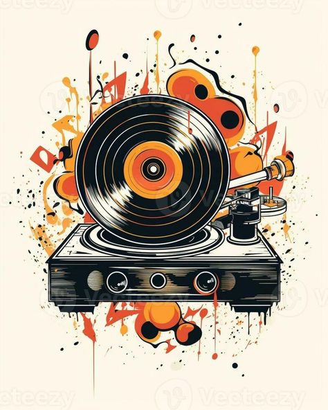 AI Generative retro music background poster with vinyl lp turntable Vinyl Record Background, Vintage Turntable Aesthetic, Turntables Art, Turntable Vinyl Illustration, Vpi Turntable, Designer Tees, Music Background, Music Inspiration, Music Backgrounds