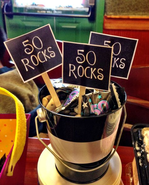 50 Rocks! Birthday present Ideas for 50 year old! #craftyideas 50 Year Old Birthday Ideas, 50th Birthday Party Food, 50th Birthday Party Centerpieces, Birthday Ideas For Men, 50th Birthday Party Themes, 50th Birthday Party Ideas For Men, 50 Years Birthday, 50th Birthday Party Games, Surprise 50th Birthday Party