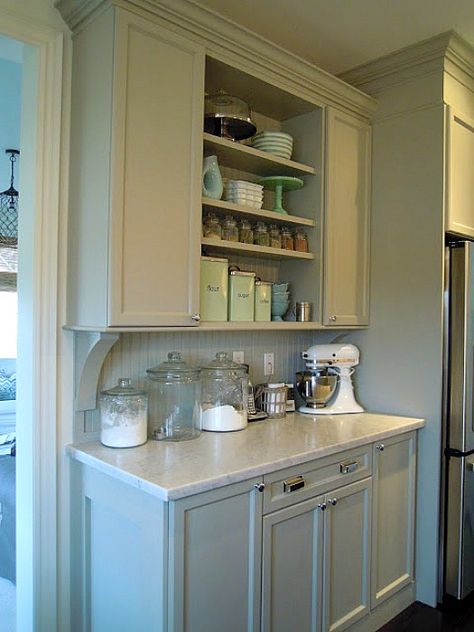 kitchen makeover: baking center with Martha Stewart's Bedford Gray cabinet paint (also concealed a bulkhead to look like moldings on cabinets) marble counters and butcher block island top from ikea Kitchen Built In Hutch, Hutch Cabinets, Baking Corner, Baking Center, Baking Station, Kitchen Built In, Built In Hutch, Butcher Blocks, Shaker Style Cabinets