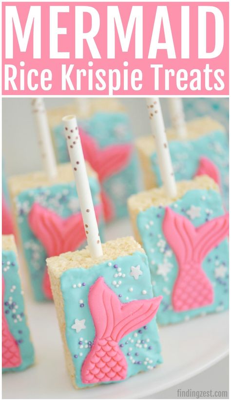 Create a no-bake dessert that is sure to impress birthday party guests with these Mermaid Rice Krispie Treats! Featuring beautiful fondant mermaid tails, this treat on a stick is actually easier to make than you might think. Display them on your party table or use them as a party favor for guests to take home. Either way, these rice cereal treats are a great addition for your mermaid themed party! Mermaid Rice Krispie Treats, Mermaid Snacks, Mermaid Desserts, Narwhal Party, Underwater Birthday, Rice Cereal Treats, Barbie Mermaid, Leftover Candy, Mermaid Barbie