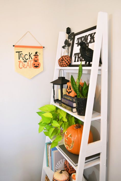 Halloween Shelves, Halloween Shelf Decor Ideas, Halloween Shelf Decor, Leaning Shelf, Pumpkin Bucket, Narrow Shelves, Halloween Face Mask, Ladder Shelf, Faux Pumpkins