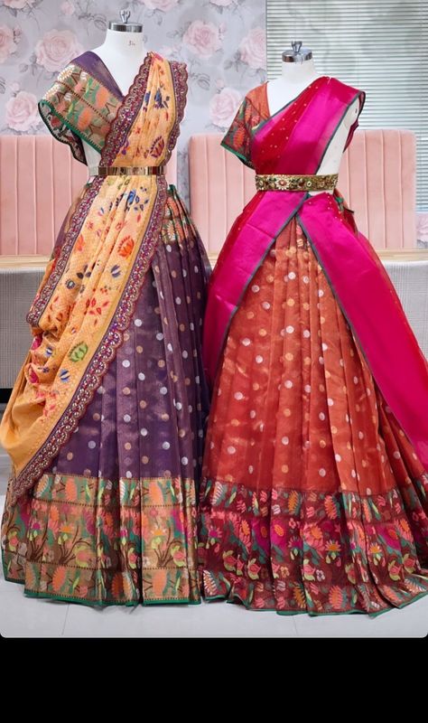 Zarikota Lehenga, Kota Lehenga, Paithani Lehenga, Lehenga Saree Design, Half Saree Lehenga, Indian Outfits Lehenga, Half Sarees, Kids Blouse Designs, Lehenga Designs Simple