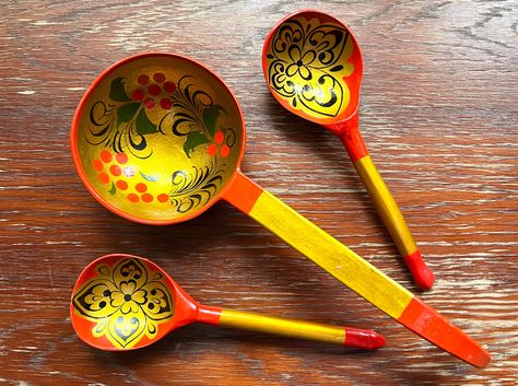 Excited to share this item from my #etsy shop: 2 Vintage USSR Khokhloma Rowanberry Folk Art Lacquer Spoons + Ladle, Hand-Painted Folk Art Antique Kitchenware, Gold Leaf, Soup Spoons Antique Kitchenware, Folk Painting, Spoon Collection, Drinking Glass Sets, Soup Spoon, Milk Cans, Art Antique, Vintage Soviet, French Country Style