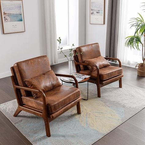 Amazon.com: Brown Leather Accent Chairs Set of 2, Mid Century Modern Living Room Chairs Sillas De Sala Solid Ruberwood Arm Chair for Livingroom, Bedroom, Office Comfy Reading Lounge Decorative Side Sitting Chair : Home & Kitchen Brown Leather Accent Chairs, Mid Century Modern Living Room Chairs, Reading Lounge, Modern Living Room Chairs, Leather Accent Chairs, Comfy Reading, Sitting Chair, Accent Chair Set, Mid Century Modern Living