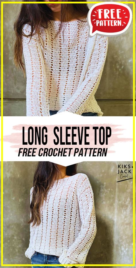 Crochet Long Sleeve Top Pattern Free, Crochet Sleeves Pattern Free, Long Sleeve Top Pattern, Crochet Sweater Pattern Free Women, Top Pattern Free, Crochet Thread Projects, Crochet Vests, Handmade Sweaters, Diy Crochet Top