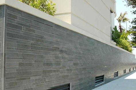 for our built in planters perhaps? Grey tile wall, slate tile Granite Wall Cladding Exterior, Outdoor Wall Tiles Ideas, Wall Cladding Exterior, Feature Wall Cladding, Stone Cladding Exterior, Cladding Exterior, Wall Cladding Tiles, Facade Ideas, Exterior Wall Cladding