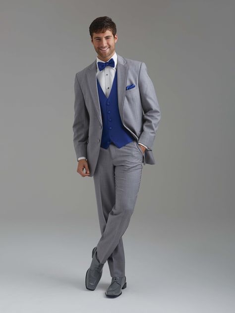 Royal blue vest & tie with an all grey suit by Sarno & Sons! Royal Blue Tux, Black Prom Suits, Prom Tux, Groom Tuxedo Wedding, Royal Blue Tie, Blue Tux, Grooms Men, Evening Suit, Prom Tuxedo