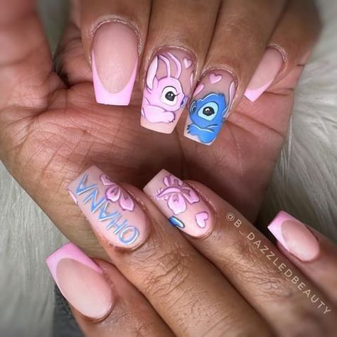 Stitch Nails Halloween, Stitch Halloween Nails, Bluey Nail Design, Stitch And Angel Nails, Nails Stitch, Nail Chart, Stitch Nails, Character Nails, Stilleto Nails Designs