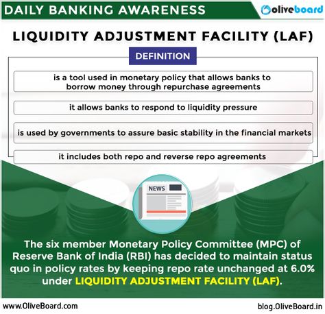 Important Banking Terms: Liquidity Adjustment Facility (LAF) To know more, check this link - http://bit.ly/2zc65Cs  #bankingterms #RBI #SBI #IBPS #terminology #bankingawareness #liquidity Banking Terminology, Banking Terms, Hospital Management, Monetary Policy, Hospitality Management, Borrow Money, Financial Markets, Banking, The Borrowers