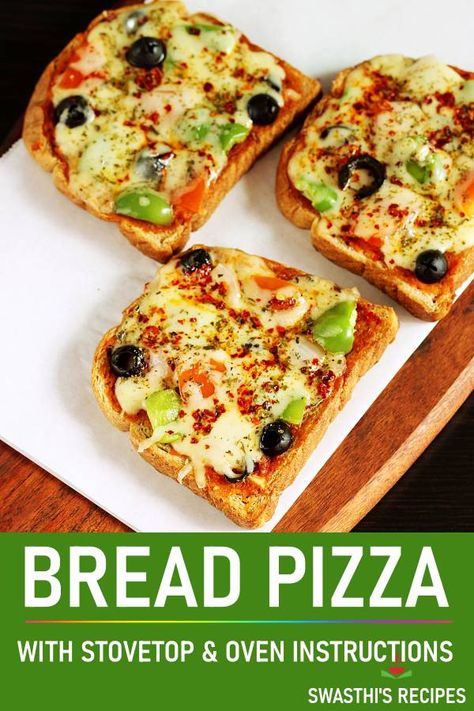 Make this bread pizza for a quick and easy snack! Made with bread, cheese, pizza sauce and veggies of your choice. #snack #pizza #bread #breadpizza Bread Snacks Recipe, Bread Pizza Recipe, Pizza Oven Recipes, Bread Cheese, Bread Pizza, Bread Snacks, Healthy Pizza, Evening Snacks, Delicious Bread