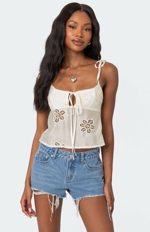 Edikted Airy Embroidered Top | PacSun Black Fishnet Top, Vacay Fits, Embroidered Tie, Embroidered Tank Top, Outfit Top, Embroidered Tank, Embroidered Fabric, Strap Top, Lace Tank Top