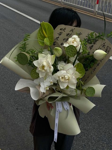 Woman With Bouquet Of Flowers, Flowers In Bouquet, Orchids Bouquet, Asian City, White Daffodils, Lotus Seed, Luxury Flower Bouquets, Orchid Bouquet, Boquette Flowers