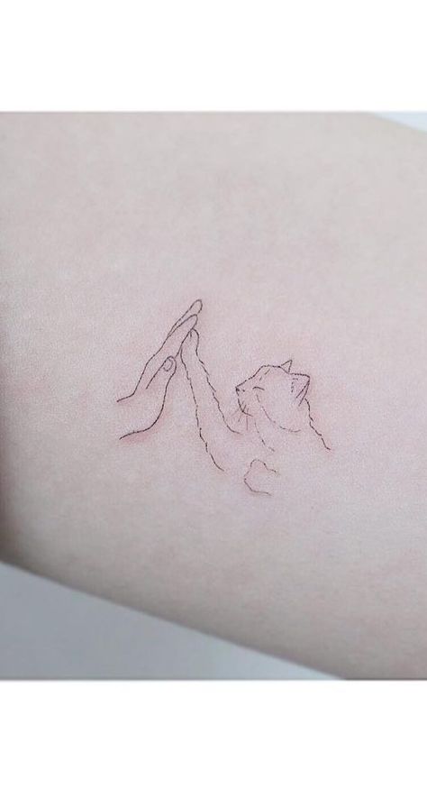 Cat Lovers Tattoo, Tasteful Cat Tattoos, Tattoo Ideas For Cat Lovers, Cat High Five Tattoo, Tattoo For Cat Lovers, Cat Rib Tattoo, Cat Lover Tattoo Minimalist, Hand Cat Tattoo, Cat Memorial Tattoo Minimalist