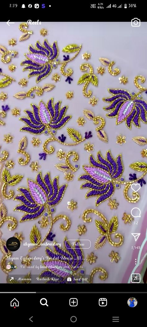 Violet Aari Work Blouse Designs, Lotus Blouse Design, Lotus Aari Work Blouse Designs, Lotus Maggam Work Designs, Lotus Aari Work, Lotus Design Aari Work Blouse, Purple Colour Blouse Designs, Colourful Blouse, Interesting Embroidery