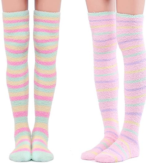 Cute Coral Fleece Thigh High Long Striped Socks 2 Pairs Kawaii Fashion AffLink Onesie Pajamas, Zooey Deschanel, Thigh High Socks, Thigh High Stockings, Striped Socks, Long Socks, Knee High Socks, Casual Socks, Amazon Women