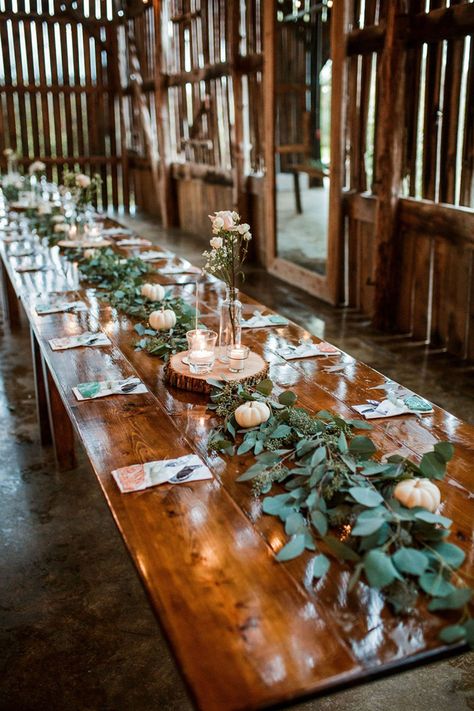 Farm Style Table Wedding, Wedding Table Decoration Long Table, Wedding Centerpieces Ideas Long Tables, Farm Table Centerpiece Wedding, Barn Table Wedding Decor, Barn Wedding Decorations Centerpieces, Long Tables For Wedding, Farm Wedding Table Decor, Fall Barn Weddings