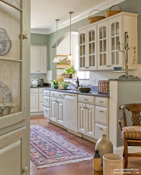 Kitchen - Favorite “Pins” Friday! | Beneath My Heart Cream Colored Kitchen Cabinets, Cream Kitchen Cabinets, Antique Kitchen Cabinets, Cream Cabinets, Green Walls, Antique Kitchen, England Style, Kitchen Cabinet Colors, Chic Kitchen