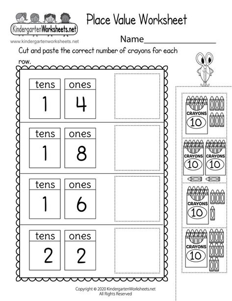 Students can learn the basic place value concept of tens and ones by completing a simple cut and paste activity. Children are asked to cut and paste the correct number of crayons for each row. Ten And Ones Worksheet, Tens And Ones Worksheet Kindergarten, Tens And Ones Worksheet, Spelling Worksheets Kindergarten, Thanksgiving Worksheets Kindergarten, Counting Worksheets For Kindergarten, Tech Lab, Frame Printable, Place Value Worksheets