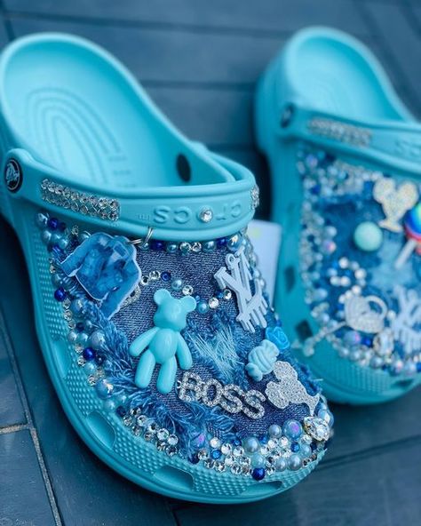 MrsAnn Frank on Instagram: "Pale Blue #CustomCrocs#CrocStar# CustomClothes#Custom#CustomSlides#CustomShoes #CustomJackets#CustomCrocs#CrocStar#CustomClothes#Custom#CustomSlides#CustomShoes#CustomJackets" Crocs Platforms, Custom Crocs, Customized Crocs Shoes, Designer Crocs, Croc Decorations, Blue Crocs, Bedazzled Shoes Diy, Crocs Sandals, Bedazzled Shoes