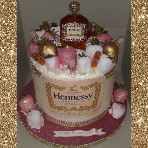 💖💛 Henny Cake 💖💛🥃🎂 w/ #chocolatecoveredstrawberries 🍫🍓 #hennypipettes #strawberryliquor #bling #sparkle Cheers to the weekend 🥂🍻… Hennessy Cake For Women, Red And Black Hennessy Cake, Hennesy Cake Birthdays, Henny Cake, Birthday Cake Hennessy, Hennessy Cake, Hennessy Xo, Pink Velvet Cupcakes, Hennessy Very Special Cognac