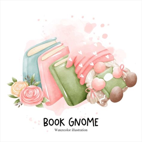 Book Gnome, Gnomes Book, Gnome Pictures, Books Library, Portrait Cartoon, Book Pins, Library Books, Vector Photo, Watercolor Illustration