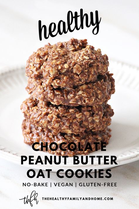 The ORIGINAL healthy plant-based Gluten-Free Vegan Chocolate Peanut Butter Oat No-Bake Cookies recipe from 2015 is an easy recipe made with only 6 clean, whole food ingredients. They’re ready to enjoy in about 30 minutes and are a classic dessert treat you can feel good about eating! { The Healthy Family and Home } #nobake #cookies #peanutbutter #chocolate #vegan #healthy Peanut Butter Oat Cookies, Vegan Chocolate Peanut Butter, Oatmeal No Bake Cookies, Healthy Baking Desserts, Healthy Chocolate Desserts, Peanut Butter Oat, Dessert Oreo, Peanut Butter Oats, Plant Based Desserts