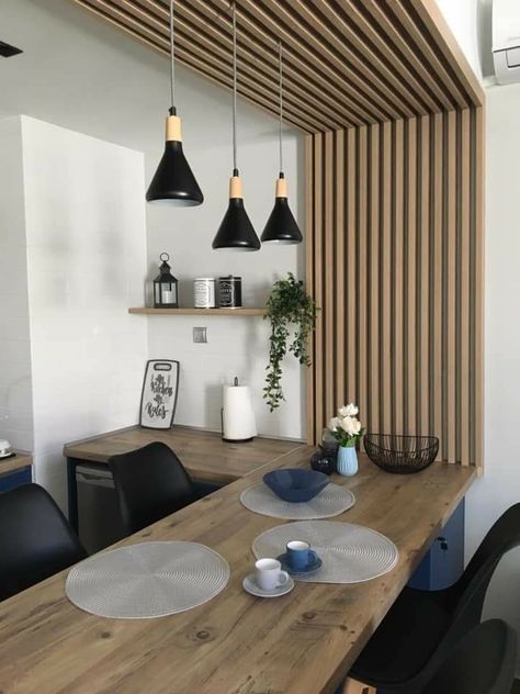 Wood Slat Ceiling, Dining Room Accents, Cladding Design, Wood Slat Wall, Kitchen Interior Design Decor, G K, Kitchen Room Design, Wooden Wall Decor, Wall Cladding