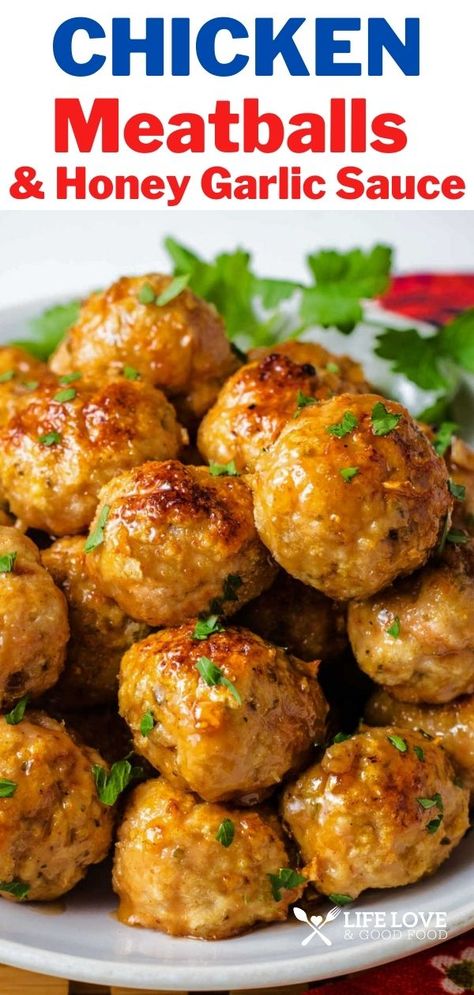 Chicken meatballs are easy to prepare and make a delicious appetizer or main dish. Mix up a batch for game day or a quick weeknight dinner! Ready in 30 minutes, everyone loves the sweet and spicy glaze! Meatball Appetizer, Garlic Sauce For Chicken, Dipping Sauces For Chicken, Chicken Meatball Recipes, Hot Appetizers, Sheet Pan Dinners Recipes, Honey Garlic Sauce, Appetizer Ideas, Sauce For Chicken