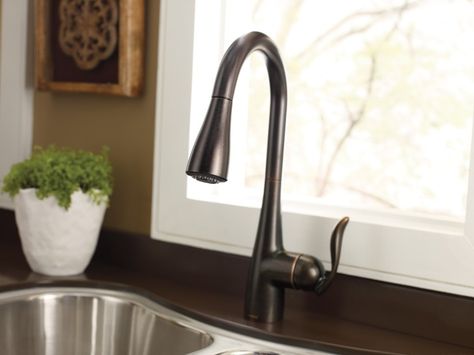 Arbor Oil rubbed bronze one-handle high arc pulldown kitchen faucet -- 7594ORB -- Moen Oil Rubbed Bronze Kitchen Faucet, Oil Rubbed Bronze Kitchen, Bronze Kitchen Faucet, Rubbed Bronze Kitchen, Smart Faucet, Shower Tub Combination, Kitchen Faucet With Sprayer, Bronze Kitchen, Shower Rods