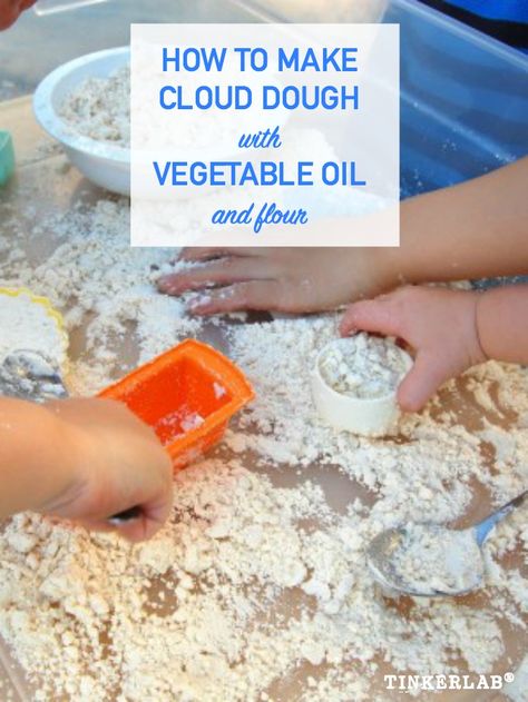 How to make cloud dough! This simple dough, made from flour and oil, is not only EASY, but a it invites unlimited squishy, moldable play. A huge winner! Flour Crafts, Cloud Dough Recipe, Diy Light Table, Moon Dough, Cloud Dough Recipes, Discipline Ideas, How To Make Clouds, Craft For Toddlers, Homemade Paint