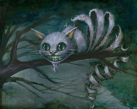 This artist is my newest obsession... Kevin Eslinger. 95% of his work I would either plaster my walls with or tattoo on my body. Obsessed. Cheshire Cat Art, Alice In Wonderland Characters, 11x14 Print, Lewis Carroll, Creepy Art, Weird Creatures, Adventures In Wonderland, Cheshire Cat, Cat Aesthetic