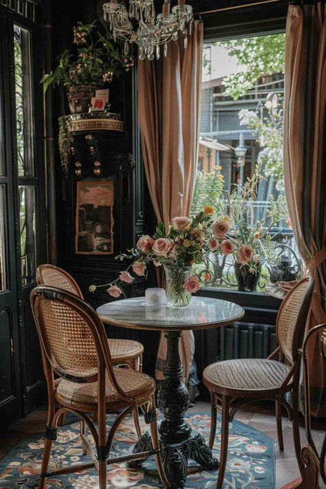 40 Stylish Woman Cave Ideas for Fashionable Femmes Social Room Ideas, Womans Cave Room, Tea Room In House, Dark Boutique Interior, Moody She Shed, Vintage Chair Decor, English Tea Room Interior, English Cafe Interior, Clean Decorating Ideas