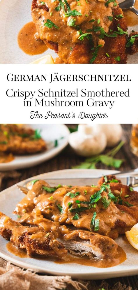 Crispy, golden pork schnitzel paired with a rich and creamy mushroom hunter’s sauce makes this authentic Jägerschnitzel recipe a must-try! Perfectly seasoned and fried to perfection, the schnitzel stays tender and juicy while the sauce adds hearty, savory flavor. Whether you're recreating traditional German cuisine or making a cozy, comforting meal, this recipe is easy to follow and absolutely delicious. Serve hot and enjoy a restaurant-quality dish at home! Weiner Schnitzel Recipe Pork, Venison Schnitzel Recipe, Pork Snitzel With Dijon Gravy, Veal Schnitzel Recipe, German Pork Recipes, German Recipes Authentic Dinner, Pork Schnitzel Recipe Gravy, Weiner Schnitzel Recipe, German Meals Traditional