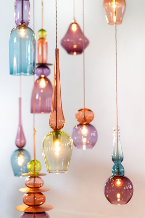 Blush Chandelier : Choose Your Own Glass Chandelier Design — Curiousa & Curiousa Glass Pendant Chandelier, Lamp Glass, Chandelier Room, Colored Glass Lighting, Glass Art Chandelier, Colored Glass Decor, Glass Lights, Fun Lighting Ideas, Colorful Light Fixtures