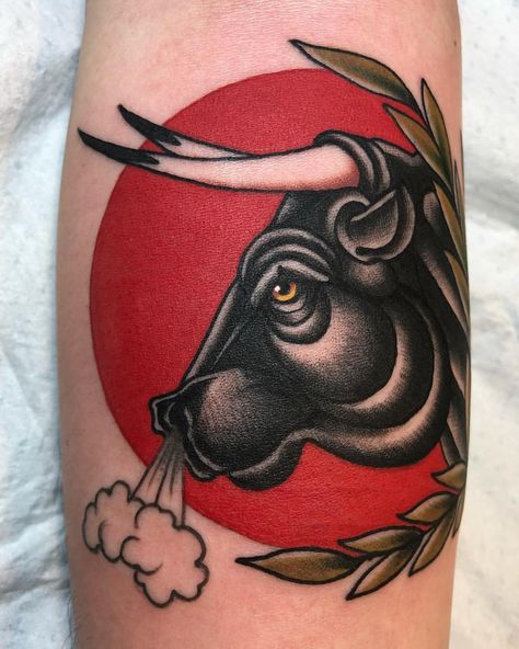 #tattoo by @blackbearwhiskey ... ... ... ... #traditional #traditionaltattoo #traditionalartist #oldtattoo #oldschooltattoo #tattooartist… Neo Traditional Taurus Tattoo, Neo Traditional Bull Tattoo, Taurus Tattoo Traditional, Old School Bull Tattoo, American Traditional Bull Tattoo, Traditional Taurus Tattoo, Bull Tattoo Design For Men, Traditional Bull Tattoo, Taurus Tattoo Men