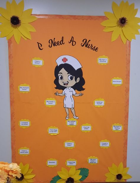 Doctors Day Decoration Ideas, Elementary Nurse Office, Dinosaur Bulletin Boards, School Nurse Door Decoration, Nurse Door Decorations, School Nurse Door, Notice Board Decoration, School Nurse Office Decorations, Nurse Bulletin Board