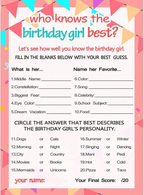 Birthday Girl Games, Sweet 16 Activities, Cool Birthday Party Ideas, Kids Birthday Party Activities, Fun Sleepover Activities, Girls Birthday Party Games, Birthday Quiz, Teenage Birthday Party, Teenager Birthday