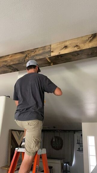 Fake Beam, Ceiling Beams Living Room, Faux Ceiling Beams, Wood Hood, Chalk Paint Chairs, Faux Wood Wall, Desk Makeover Diy, Beams Living Room, Dresser Refinish