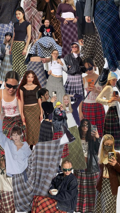 Checked Long Skirt Outfit, Plaid Skirts Long, Plaid Maxi Skirts, Plaid Winter Skirt, Plaid Maxi Dress Outfit, Knee Length Plaid Skirt Outfit, Long Flannel Skirt, Long Plaid Dress Outfit, Maxi Skirt Y2k Outfit