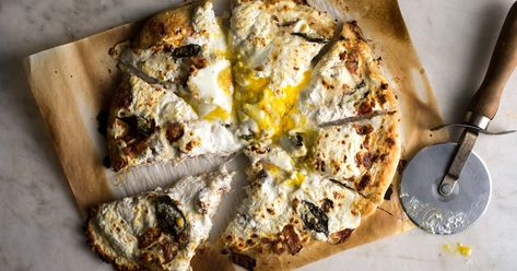 Pizza for Breakfast, but Not What You Think - The New York Times Egg Pizza Recipes, Pizza For Breakfast, Baked Frittata, Easy Banana Pancakes, Dutch Baby Recipe, Egg Pizza, Savory Bread Puddings, Wheat Pizza Dough, Breakfast Pizza Recipe