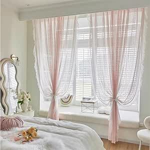 Pink Room Aesthetic Vintage, Coquette Curtains, Pink Ruffle Curtains, Light Pink Rooms, Pink Dorm Room Decor, Light Pink Bedrooms, Girls Princess Bedroom, Pink Sheer Curtains, Girls Bedroom Curtains