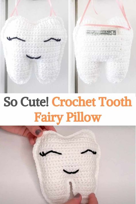 The perfect crochet gift for the tooth fairy, this pattern is beginner-friendly, quick, and functional! It hangs sweetly outside your child's door waiting for the visit of the Tooth Fairy without disturbing the little one's sleep. The author would classify this pattern as beginner level, as the most challenging part is row 1, followed by a series of rows containing only one stitch! Each tooth fairy pillow consists of a front and back panel and a small pocket for missing teeth. The pocket is... Tooth Fairy Crochet, Crochet Tooth Fairy Pillow Pattern Free, Crochet Tooth Fairy Pillow, Crochet Tooth Fairy, Crochet Tooth, Tooth Fairy Pillow Pattern, Fairy Pots, Crochet Projects For Home, Fairy Pouch