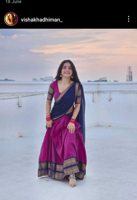 South Indian Half Saree Simple, Marriage Guest Outfit South Indian, Maroon Dress Combination, Half Saree Tamil Nadu Style, Half Saree Lehenga South Indian, Lehenga Designs South Indian, Aesthetic Half Saree, Half Sarees For Women, Half Saree Wearing Styles