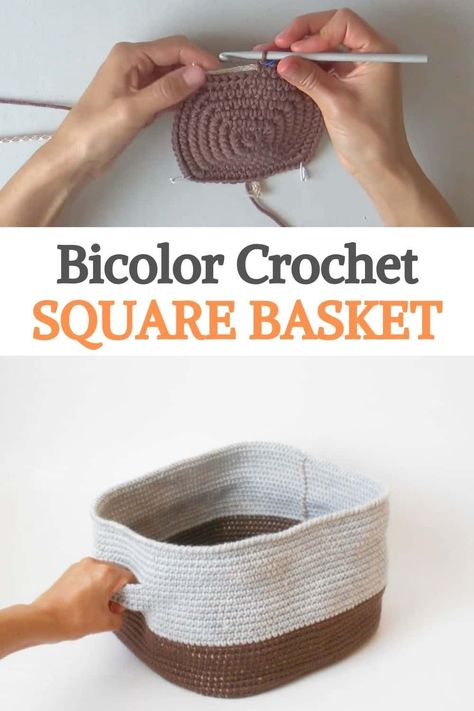 Diy Square Basket, Crochet Basket Handles, Square Crochet Basket Pattern Free, Crochet Square Basket Pattern Free, Square Crochet Basket Pattern, Square Crochet Basket, Crochet Square Basket, Crochet Containers, Crochet Directions