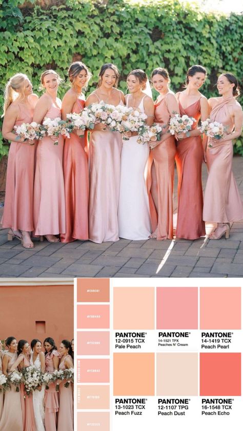 Bridesmaid Color Palette, Peach Wedding Theme, Color Durazno, Wedding Theme Color Schemes, Peach Bridesmaid, Peach Bridesmaid Dresses, Coral Bridesmaid, Bridesmaid Colors, Bachelorette Party Bride