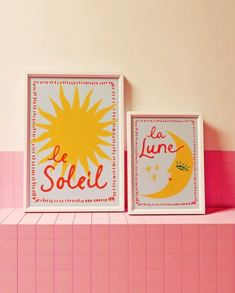 Whilst I don’t want to take *all* the credit, ever since I posted that reel about June needing to be sunny… it’s been sunny 🤷🏻‍♀️ Simple case of cause and effect ☀️ So, today I’m celebrating the return of the sun with the Le Soleil print. It’s available in 3 colours (➡️ to see) and there’s the option to create your own mini gallery wall by adding the matching La Lune moon print too ☀️🌙 #pinkhome #homedecor #dopaminedecor#interiorinspo #gallerywall #happywalls #colourfulinteriors #ukhomes ... Sunshine Energy, Boho Sun And Moon, Sun And Moon Art, Moon Vibes, Modern Bohemian Decor, Handwritten Typography, Perfect Gallery Wall, Wedding Congratulations Card, Boho Sun