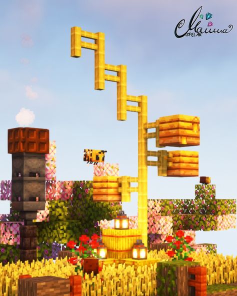 Picture from Minecraft. Bees and bee hives on top of a building with wheat on the roof Bee Sanctuary Minecraft Build, Beehive Minecraft Ideas, Bee Hive Minecraft, Bee Dome Minecraft, Minecraft Bee House, Bee Sanctuary Minecraft, Minecraft Bee, Top Of A Building, Minecraft Decoration