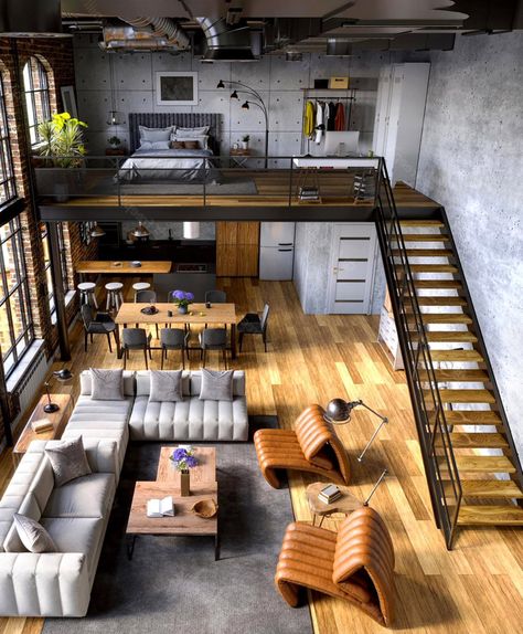 Loft Apartment One Floor, Aesthetic Loft House, Loft Apartment Drawing, Japan Loft Apartment, Loft Apartment Layout, Loft Apartment Dollhouse, Modern Loft Design, Loft Living Space, Small Loft Apartments