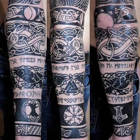 Twitter Runes Tattoos, Nordic Sleeve, Berserker Tattoo, Norse Tattoos, Geometric Tattoo Leg, Viking Compass Tattoo, Celtic Sleeve Tattoos, Traditional Viking Tattoos, Viking Rune Tattoo